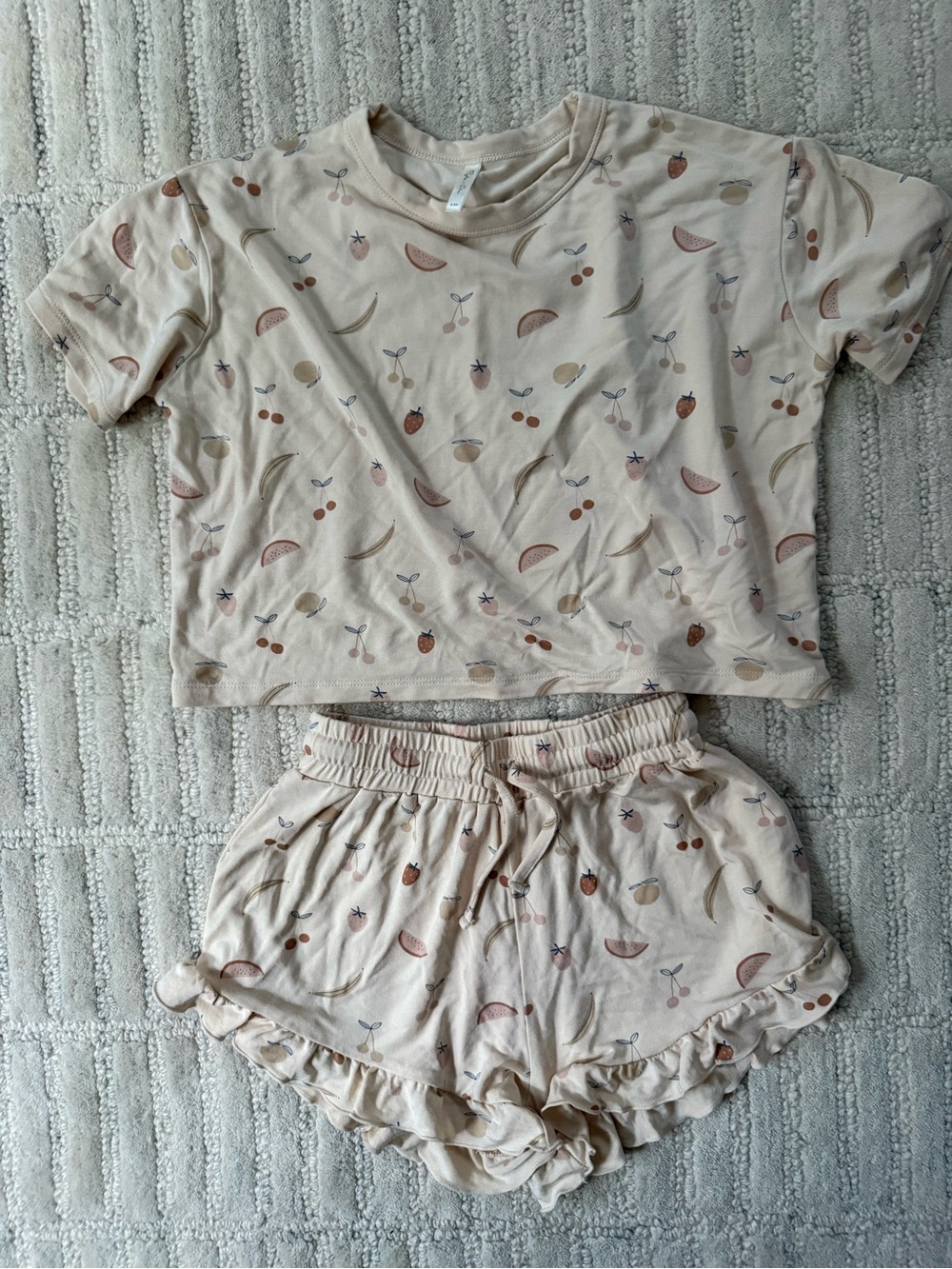 Rylee + Cru Cream Fruit-Print Pajama Set - Short Sleeve Top & Ruffle Shorts